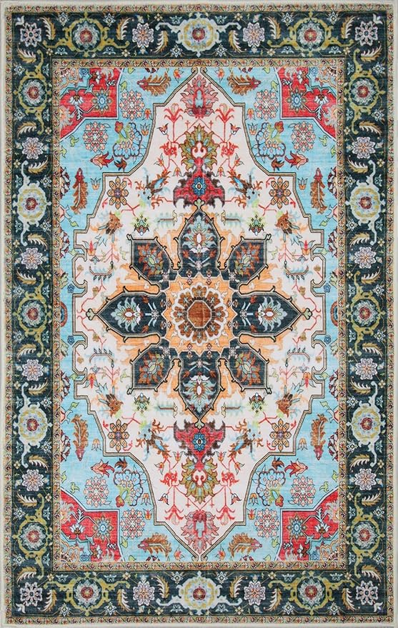 WILLSUN Washable Area Rugs, 8x10 Non-Slip Boho Large Area Rugs for Living Room, Bedroom, Machine Washable Vintage Rug, Indoor Floral Print Carpet for Home Decor, Kid & Pet Friendly Mat