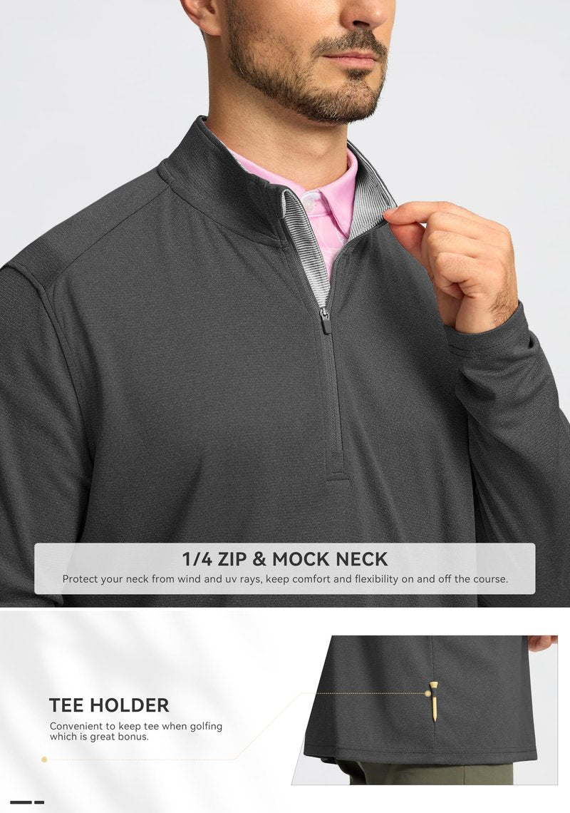 Obla Golf Quarter Zip Pullover for Men Mock Neck Sweatshirt Lightweight Sun Protection Men's Long Sleeve Golf Shirt (Charcoal Black Melange_L)