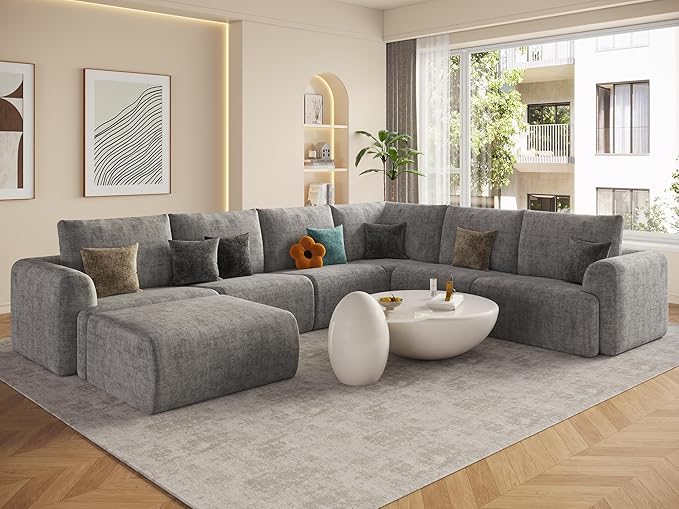 EASE MOOSE Sectional Cloud Couch Oversized for Living Room,7-Seat Modular Boneless Sofa U-Shaped Sofa with Ottoman, No-Assembly Chenille Couch, Light Grey