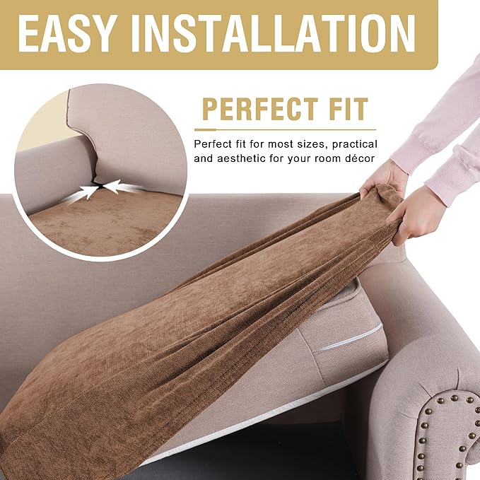 H.VERSAILTEX Stretch Chenille Couch Cover Furniture Protector Seat Cushion Sofa Cover 2 Cushions Non-Slip Couch Covers for Sofa Pets with Elastic Bottom (2 Piece Loveseat Cushion Covers, Caramel)