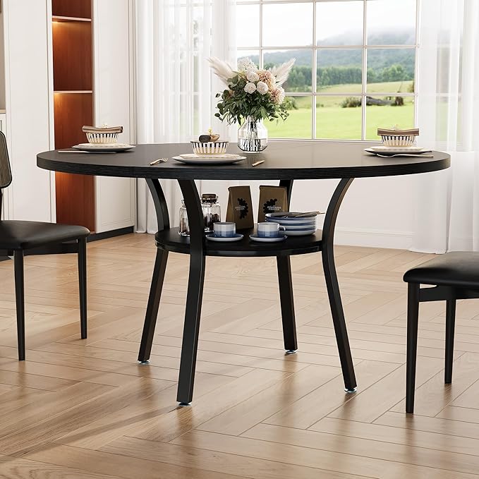 Garvee 47'' Round Dining Table for 4-6 People, Farmhouse Kitchen Dining Table, Round Dinner Table with Storage Shelf for Kitchen, Living Room (Table Only), Black