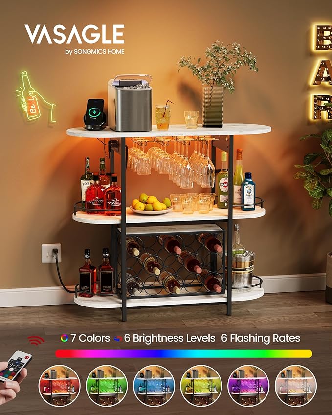 VASAGLE Bar Cabinet with LED Lights and Power Outlets, Freestanding Coffee Bar Wine Cabinet, Wine Rack, Glass Holder, Mini Bar for Liquor and Glasses, Kitchen, Dining Room, Rustic White ULWR007W01S