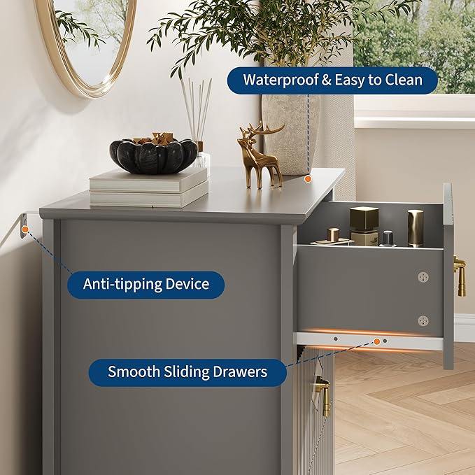 GarveeHome Wood Nightstand Fluted Dresser for Bedroom, 27.5" Wide 3-Drawer Bedside Tables, Modern Chest of Drawers, Storage End Table Living Room, Hallway, Entryway, Grey