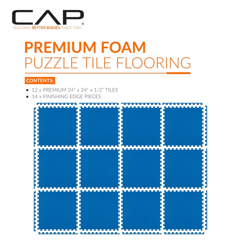 CAP Barbell 1/2-Inch Interlocking EVA Foam Exercise Puzzle Mat Home Gym Flooring - 2 Pack | 24" x 24" x 1/2" | T Pattern - Blue