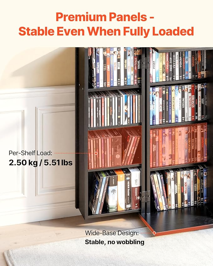 VEVOR Media Storage Cabinet, 4-Tier DVD Shelf Organizer, 24.02 x 14.49 x 33.31 in Multimedia Storage Organizer for CDs, DVDs, Books, Games, CD Shelf for Living Room, Home Office, Recording Room, Black