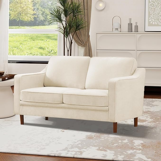 Kingfun 56" Chenille Sofa, Loveseat Couch, Mid Century Modern Love Seat Couches with Solid Wood Frame for Living Room & Bedroom, Beige