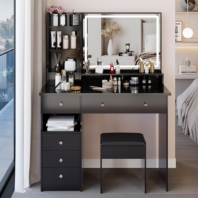 41" Vanity Desk with Mirror and Lights, Makeup Table with Led Mirror, 3 Lighting Colors, Vanity Set with 6 Drawers and Stool for Bedroom, Black
