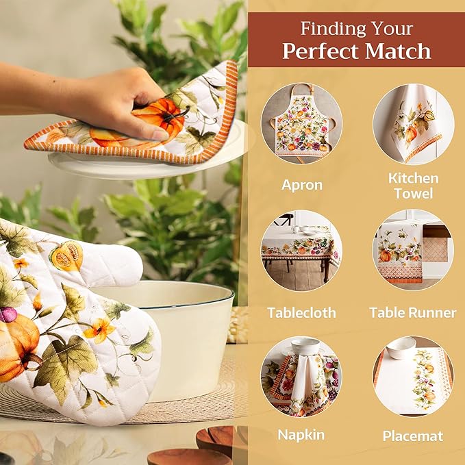 Maison d' Hermine 100% Cotton Oven Mitt & Pot Holder Set (7.5"x13" & 8"x8") Heat Resistant BBQ Cooking Gloves with Loop for Christmas Decorations Handling Hot Pans (Pumpkin Garden - Cloudy Cream)