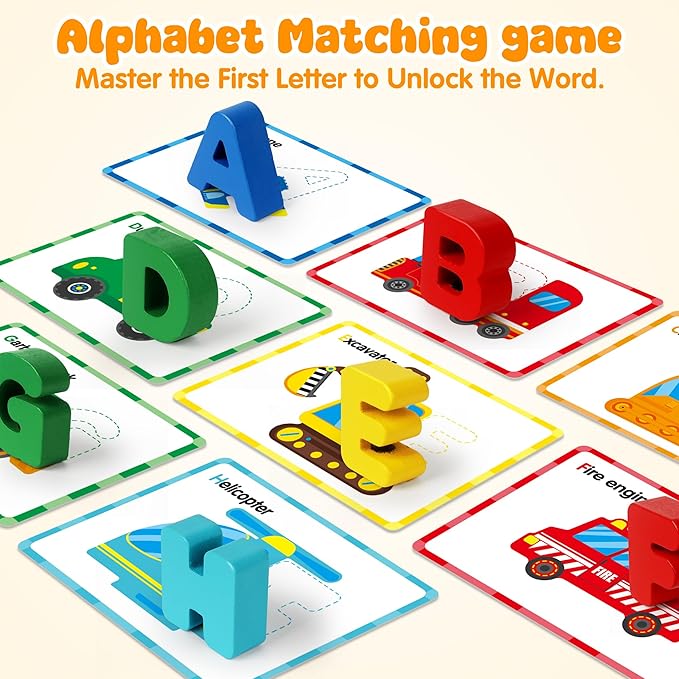Vanmor Wooden Vehicle Alphabet Puzzle for Toddlers, Traffic ABC Letter Sight Words Matching Game with 52 Blocks and Flash Cards, Montessori Spelling Game Learning Toys, Easter Basket Stuffers for Kids