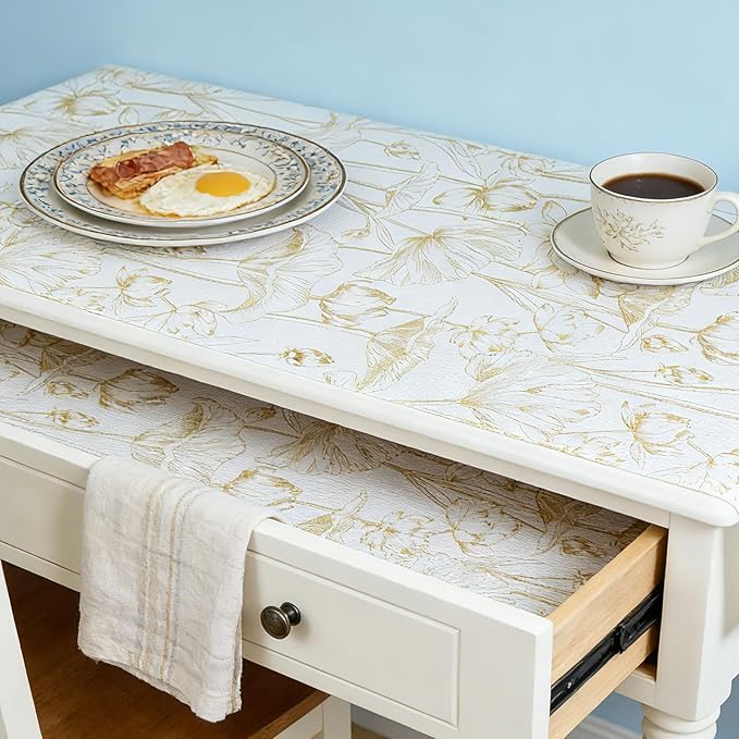 Shelf Liners Non Adhesive Light Base Gold Lotus Pattern - Thickened Non-Slip Easy to Clean Drawer Liner for Kitchen Cabinets, Tool Box, Refrigerator, with Knife & Tape Measure, 17in x 20FT