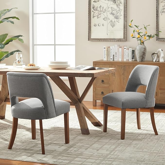 VKNOW Wooden Dining Chairs Set of 2, Modern Fabric Upholstered Dining Room Chair Kitchen Chairs, Farmhouse Dinner Chair for Kitchen Dining Room, Fabric Grey