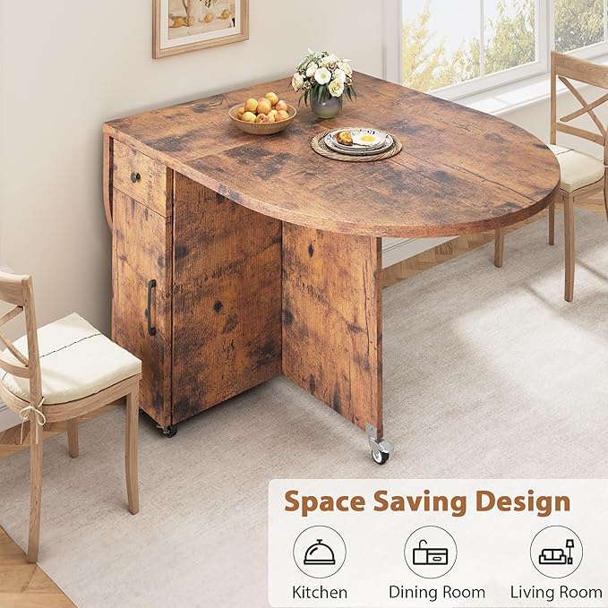 Folding Dining Table for 4 Kitchen Dining Room DinnerTable with Storage Drawer Space Saving Oval Foldable Drop Leaf Gateleg Furniture for Small Space (Vintage, 51 * 31.5 * 30)
