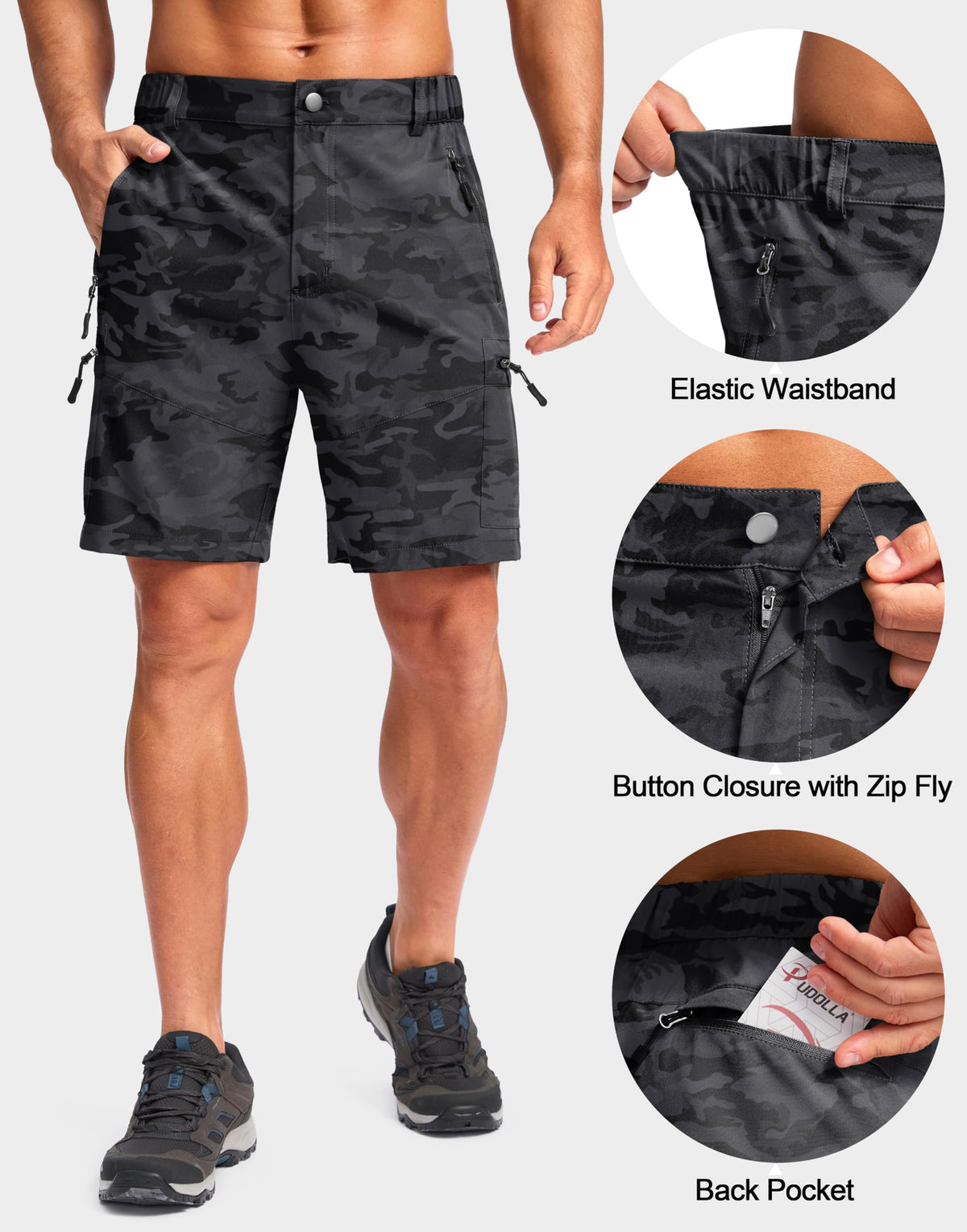 Pudolla Men's Hiking Cargo Shorts Lightweight 7" Travel Casual Shorts for Men Golf Work Outdoor with 5 Zipper Pockets(Black Camo Medium)