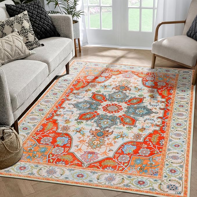 WILLSUN Washable Area Rugs, 3x5 Non-Slip Boho Large Area Rugs for Living Room, Bedroom, Machine Washable Vintage Rug, Indoor Floral Print Carpet for Home Decor, Kid & Pet Friendly Mat