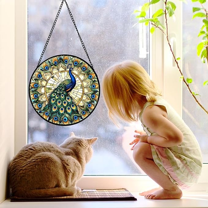 Stained Glass Window Hanging - Retro Peacock Decoration Suncatcher for Door Garden Home Bird Feather Sun Catchers Christmas Mother's Day Birthday Gifts for Women Men Mom Nana Friend 11.8 in