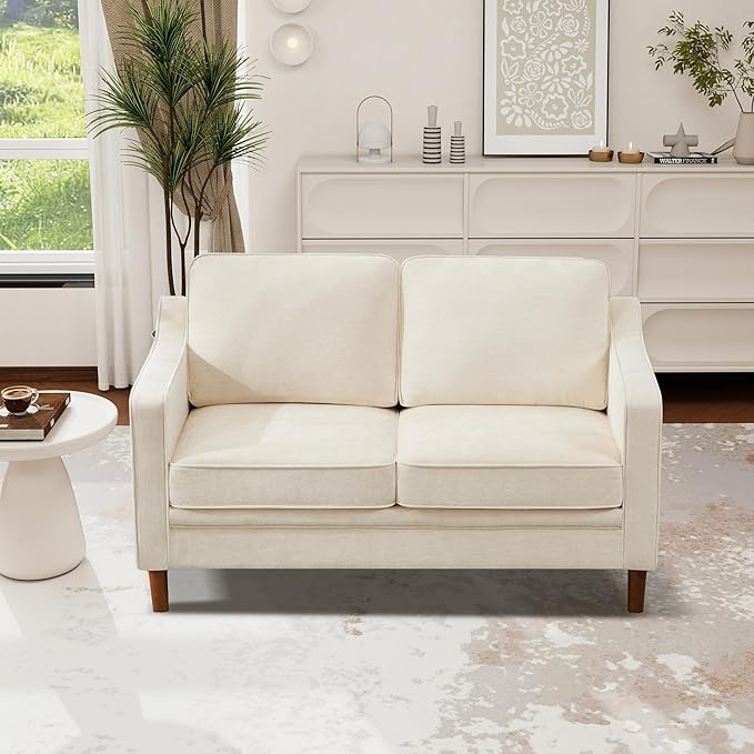 Kingfun 56" Chenille Sofa, Loveseat Couch, Mid Century Modern Love Seat Couches with Solid Wood Frame for Living Room & Bedroom, Beige