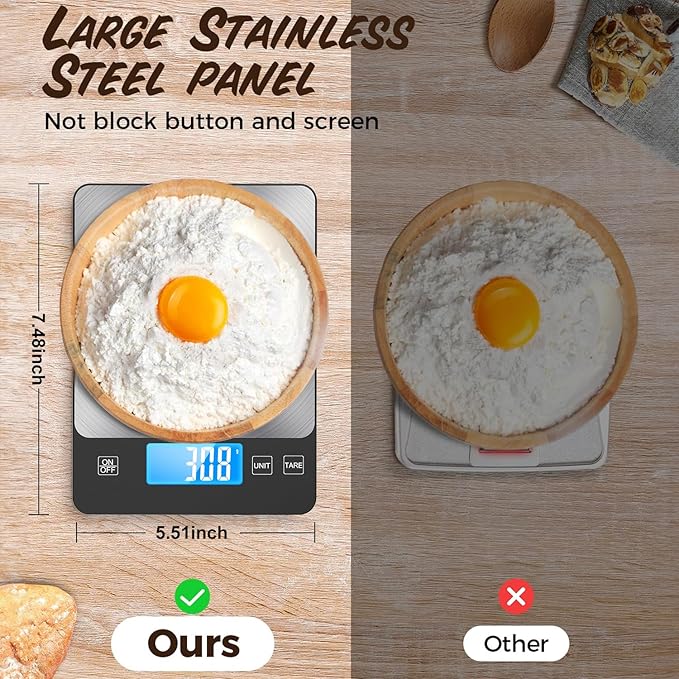 33lb Food Scale, NASA-Grade Digital Kitchen Scale, Precisely Measures Grams and Ounces for Baking and Cooking, Waterproof Tempered Glass & Stainless Steel Platform