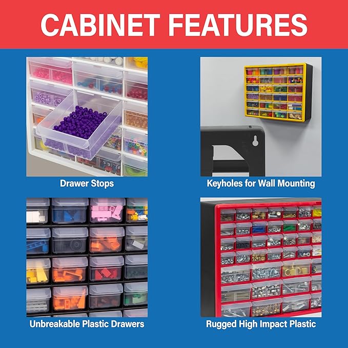 Akro-Mils 26-Drawer Plastic Drawer Storage Cabinet for Garage Organization, Bead Organizer, Building Bricks Storage, Teacher Toolbox, Makeup Organizer, 20" W x 6" D x 10" H, 10126 Red