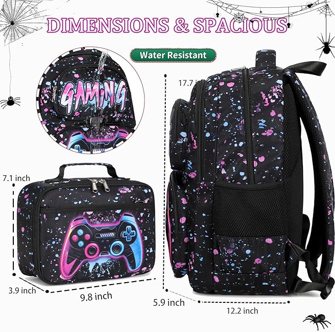 Kids Backpack Boys Gamer Backpack with Lunch Box Kindergarten Elementary Middle School Travel Sport Gaming Bookbag for Boys Girls Ages 4-14, Game-Galaxy