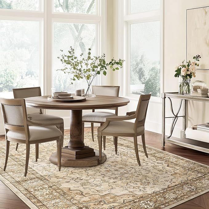 Natural Beige Area Rugs 5x7 Indoor Vintage Trellis Living Room Rug Washable Low Pile Soft Faux Fur Non Slip Sound Absorbing Tan Boho Floral Carpet Rugs for Bedroom Office Patio Dining Room Bathroom