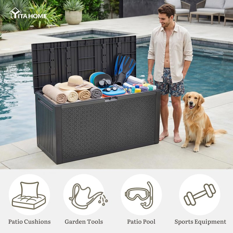YITAHOME 95 Gallon Outdoor Storage Deck Box, Waterproof Resin Deck Box w/Handles, Lockable Outdside Deck Box for Patio Furniture, Garden Tools, Lockable & UV Resistant(Dark Gray)
