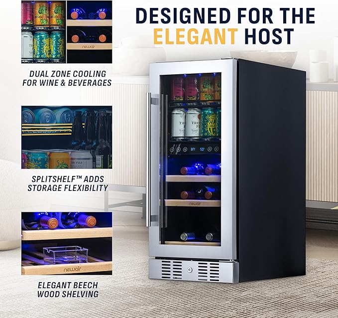 NewAir 15" Dual Zone Beverage Refrigerator & Wine Cooler for 9 Bottles & 48 Cans | Freestanding or Built-In Under Counter Mini Fridge for Beer, Wine and Soda | Stainless Steel