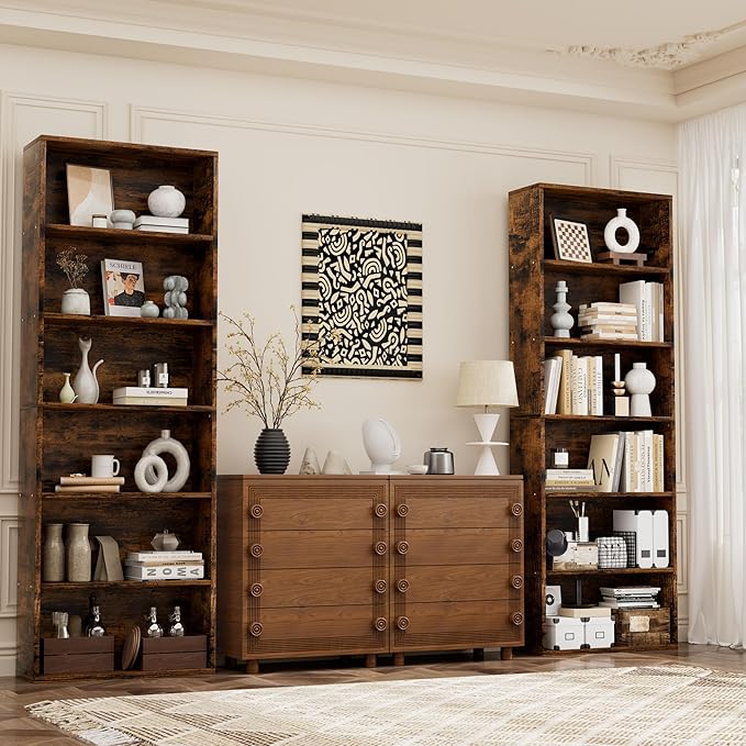 JAMFLY Narrow Tall Bookshelf 6 Shelf Bookcase Vertical Storage, Slim Profile Tall Narrow Storage Unit for Home Office, Living Room, Bedroom, Vintage Brown, Set of 2