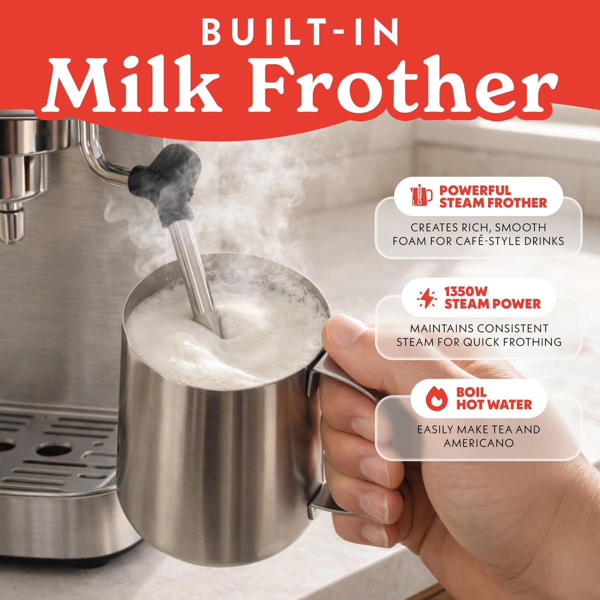 Gourmia Slim Espresso Machine with LCD Screen - Milk Frother, Adjustable Temperature, Manual & Auto Brew, Single/Double Shot, Hot Water Dispenser, Descaling Mode, Compact