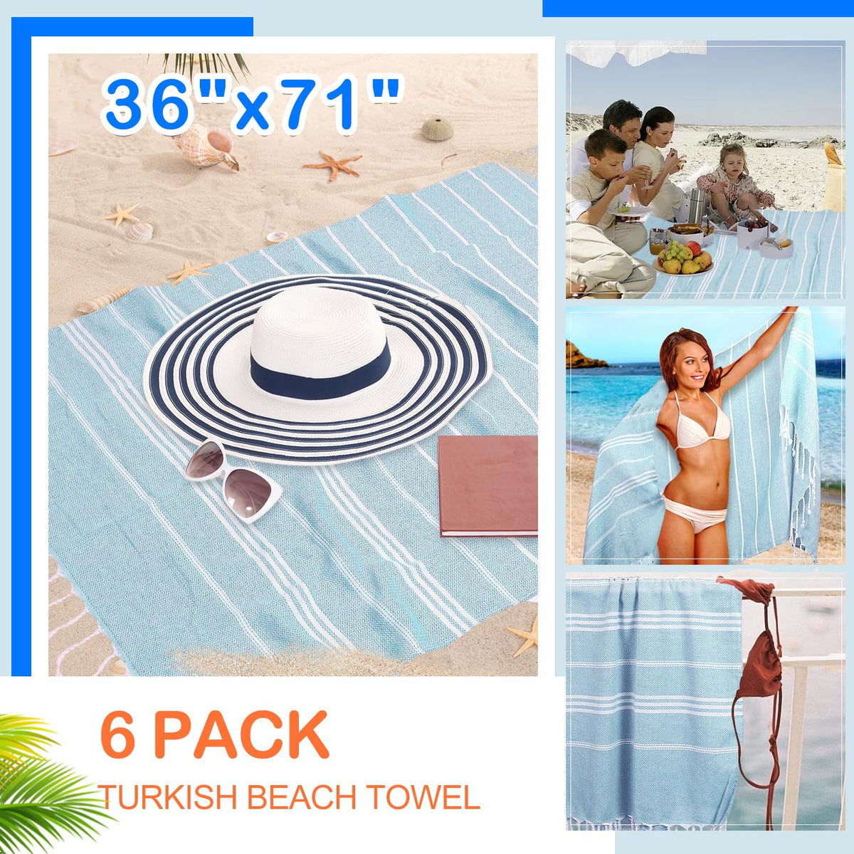 YSYJ Turkish Beach Towel 6 Pack Beach Towels 36"x71" Beach Towel Oversized Sand Free Turkish Towel Quick Dry Bath Towels Blue