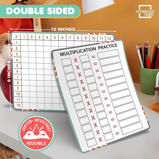 SCRIBBLEDO Multiplication Math 9”x12” Small White Board Dry Erase Sheets Math Manipulatives 3rd Grade Multiplication Times Table Chart Math Supplies Teacher Students Classroom Pack of 10 Sheets