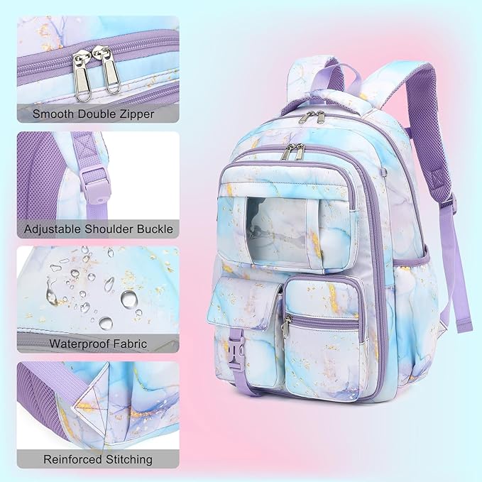 School Backpack for Girls 3Pcs Set Elementary Middle School Book Bags with Lunch Box Pencil Case