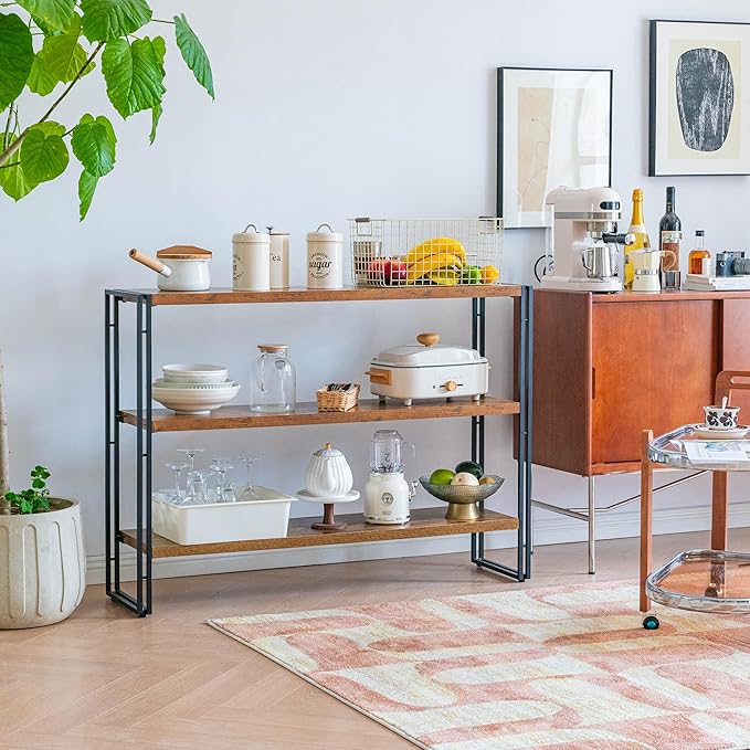 Bookshelf, 3 Tier Horizontal Bookcase, Industrial Book Shelf for Living Room, Home Office, Kitchen, Rustic Brown