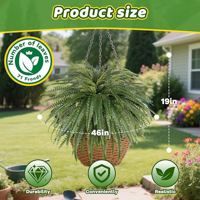 46" Artificial Fern Plants, Set of 2 Large Fake Ferns for Outdoors Indoor, Realistic Faux Boston Fern Bush with 71Fronds Each for Planter, Garden, Porch, Home Décor