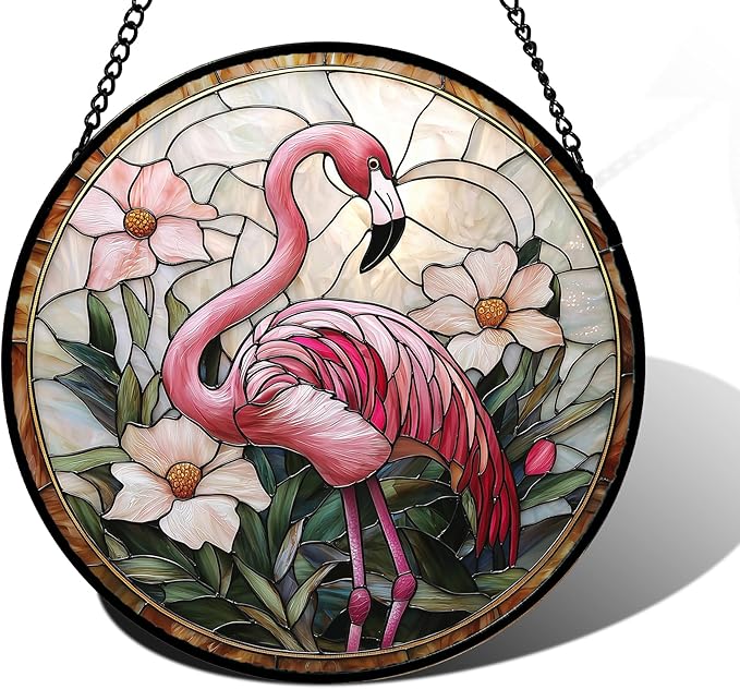 Stained Glass Window Hanging, Flamingo Flower Sun Catchers Diamond Glass Panel Hangings Pink Suncatcher Decor for Birthday for Women, Men, Wife, Aunt, and Mom 11.8x11.8 in