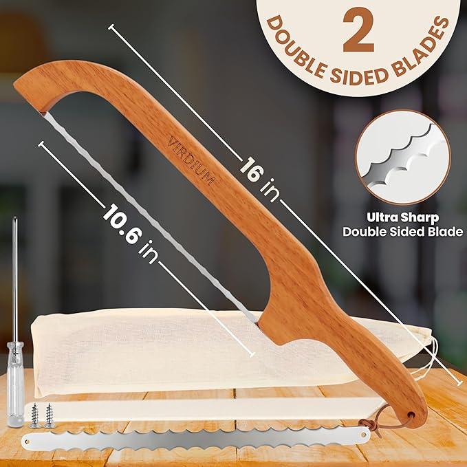 16" Premium Bread Slicer for Homemade Bread Knife For Homemade Bread Bow Sourdough Knife Starter Kit Bread Dough Tools Slicing Bagel slicer Wooden Sandwich Cutter Handle Saw breadly Razor Both Hand