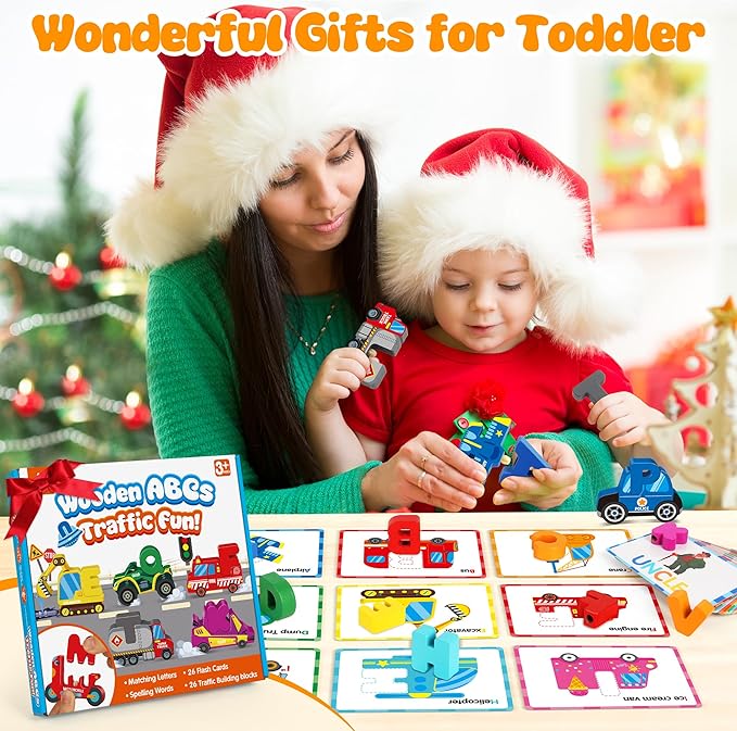 Vanmor Wooden Vehicle Alphabet Puzzle for Toddlers, Traffic ABC Letter Sight Words Matching Game with 52 Blocks and Flash Cards, Montessori Spelling Game Learning Toys, Easter Basket Stuffers for Kids
