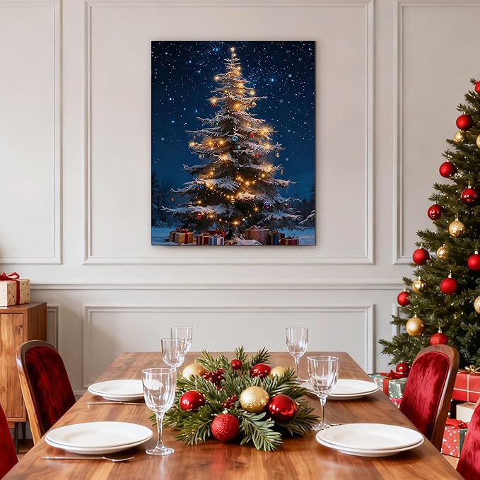 Framed Christmas Pictures Wall Decor,Vintage Pine Tree Prints,Winter Christmas Canvas Wall Art Decoration for Bedroom Bathroom Living Room Rustic Xmas Holiday Gifts (Christmas Tree 13, 20'' X 32'')