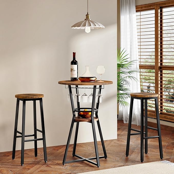 HOOBRO Round Bar Table, 2-Tier Counter Height Pub Table with Wine Glass Holder, Industrial Cocktail Table, for Small Space, Tavern, Living Room, Dining Room, Patio, Rustic Brown and Black BF62BT01G1
