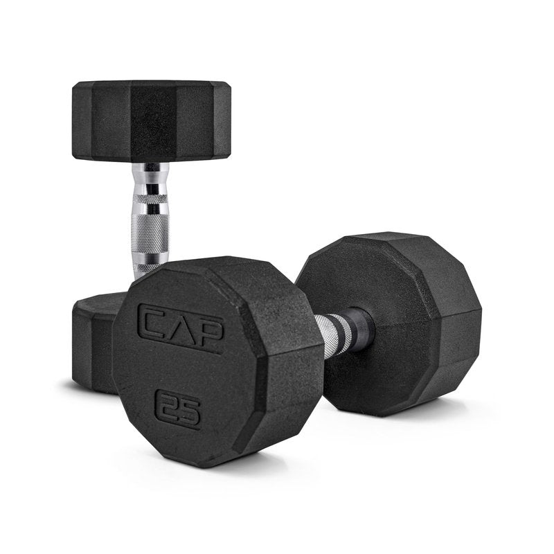 CAP 25 LB 12-Sided Rubber Coated Dumbbell Weight, Rubber Free Weights for Home Gym Strength Training, Chrome Handle, Pair