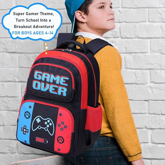 Kids Backpack Boys Gamer Backpack with Lunch Box Kindergarten Elementary Middle School Travel Sport Gaming Bookbag for Boys Girls Ages 4-14, Gamer Blue Red