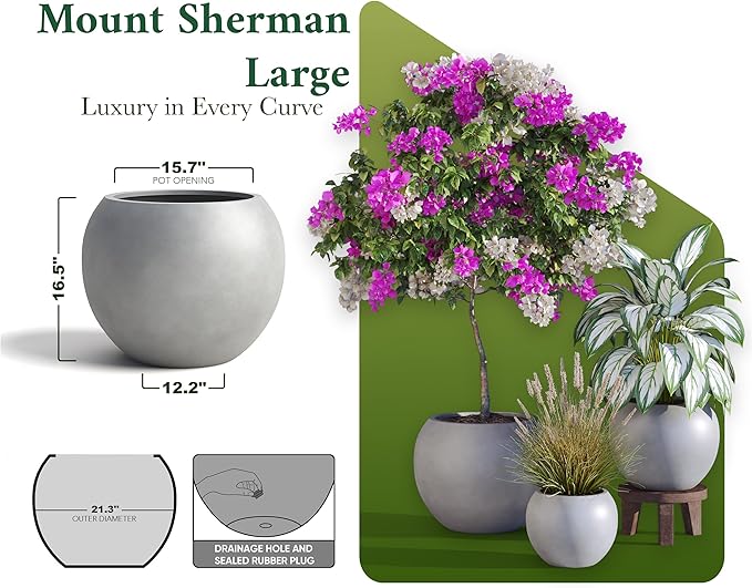 DTY Signature Mount Sherman Modern Indoor Outdoor Fiberstone Sphere Planter, Durable Round Garden Pot, Weather Resistant, Drainage Hole & Rubber Plug, Planter for Christmas Tree - Large, Gray