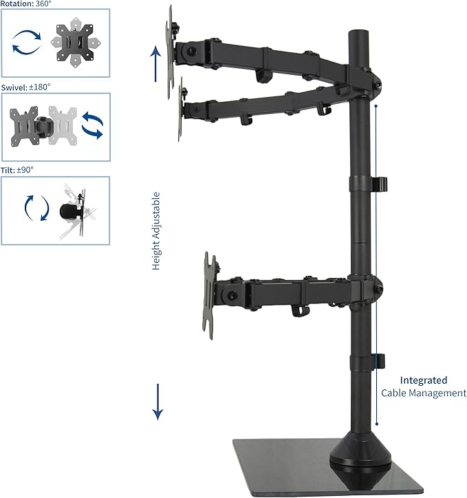 VIVO Black Adjustable Quad Monitor Desk Stand Mount, Free Standing Heavy Duty Glass Base, Holds 4 Screens up to 27 inches, STAND-V004FG