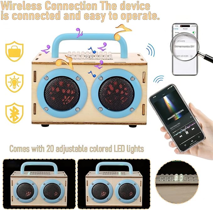 STEM Projects for Kids & Adults Age 8-12, Build Bluetooth Speaker Kit, DIY Crafts Science Experiment Electronics Sound Amplifier Set with LED Light, Birthday Gifts for Teens Boys 9 10 11 13 14 15 16