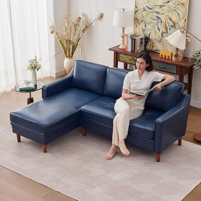 Kingfun 88" L-Shape Sofa, Chenille Sectional Couch, Mid Century Modern Couches with Solid Wood Frame for Living Room & Bedroom, Beige