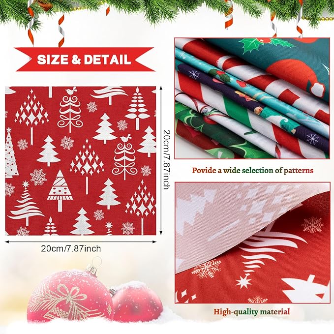 Shimeyao 60 Pieces Christmas Fabric Bundles Sewing Quilting Snowman Santa Elk Snowflake Print Fat Quarters Squares Fabric for Patchwork Sewing DIY Crafts Christmas Party Supplies, 7.87 x 7.87 Inch