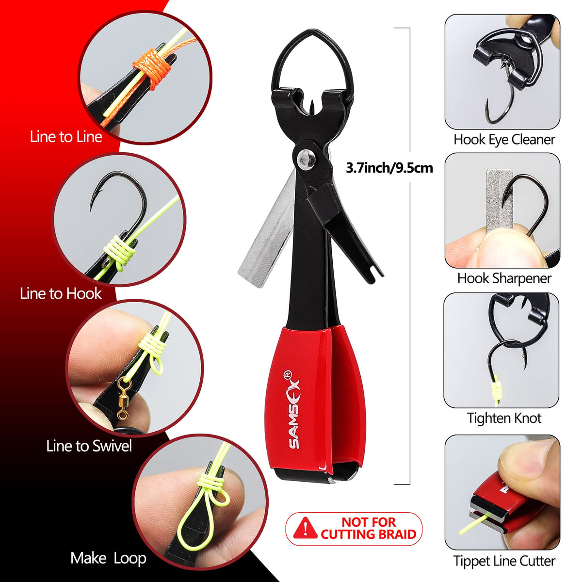 SAMSFX Aluminum Fishing Pliers Hook Remover Braid Line Cutter with Coiled Lanyard, Fly Fishing Knot Tying Tool & Retractors (Gray & Red Handle, Split Ring Nose)