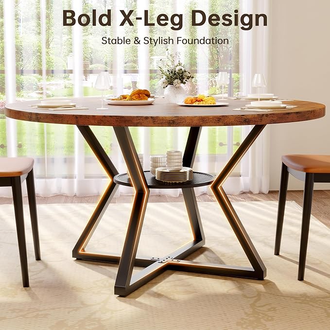 Concho 47" Round Kitchen Dining Room Table for 4-6,Circle Dining Dinner Table with Pedestal Metal Frame,Space Saving Wood Kitchen & Dining Room Furniture, Rustic Brown