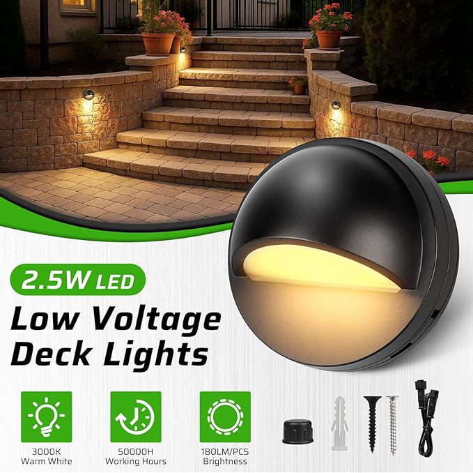 Low Voltage LED Deck Lights Kit, IP67 Waterproof Fence Lights with Transformer Timer and Photocell Sensor, Warm White Outdoor Landscape Step Lighting for Garden, Walkway, Stair Post Railing 6 Pack