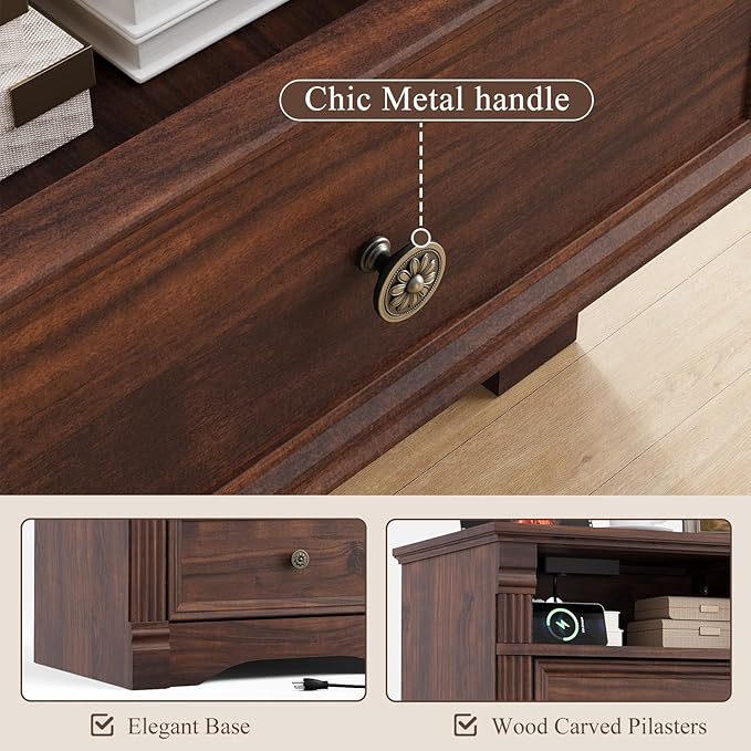 Walnut Nightstand with Charging Station, Farmhouse End Table with 2 Drawers and Storage Shelf, Wooden Bedside Table with Metal Handles, Vintage Design, Organizer for Bedroom, Hallway