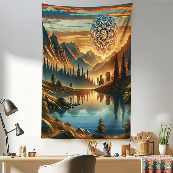 Ambesonne Mountain Tapestry, Laky Scenic Mounts and Woods Oriental Dream Aura Mandala Flower Boho, Fabric Wall Hanging Decor for Bedroom Living Room Dorm, 30" X 45", Pale Vermilion Sea Blue